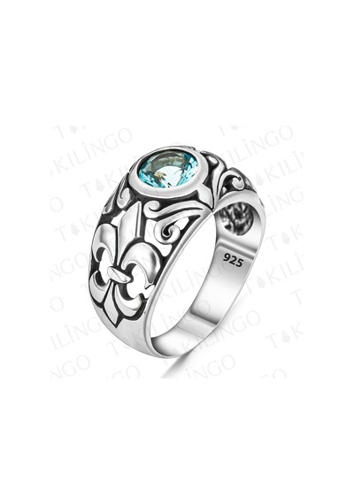 Takılingo 925 Ayar Gümüş Mavi Aquamarine Taşlı Zambak Motifli Erkek Yüzük Gümüş