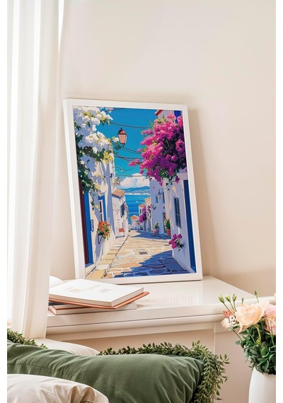 Zestia Beyaz Çerçeveli Tablo, Yunan Adası Sokak Manzarası, Balkon Dekoru Poster No: 111245 50 X 70