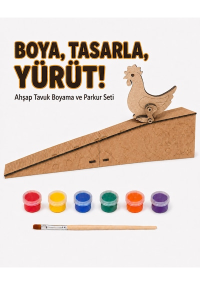 Çocuk Ahşap Hareketli Tavuk Boyama Seti 6 Renk Boya, Fırça Ve Kolay Montaj Parkuru
