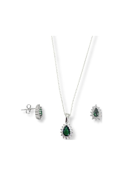 Oya Silver Minimal Zümrüt Taşlı Damla Gümüş Kadın Kolye Küpe Set