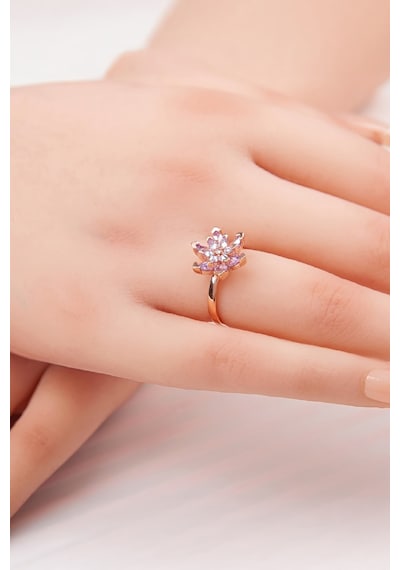 Ametist Taşlı Rose Renk Ayarlanabilir Lotus Gümüş Bayan Yüzük -7897