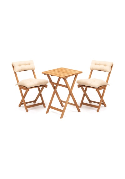 Dekor 2+1 Katlanır Minderli Ahşap Bistro Set - Natürel - 50x50 Cm