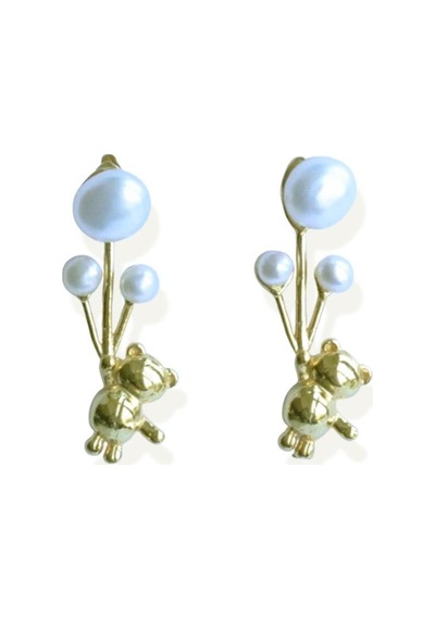 Ayıcık İncili Balon Gold Gümüş Küpe Gümüş
