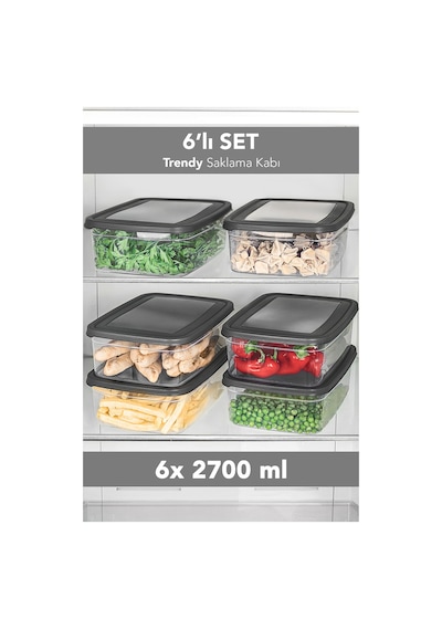 6'lı Trendy Buzdolabı Düzenleyici - Mikrodalga Ve Difrize Uygun Organizer Saklama Difriz Kabı 2700ml Gri