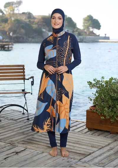 Estiva 25981 Siyah Dijital Desenli Tam Boy Lycralı Tesettür Mayo Lacivert