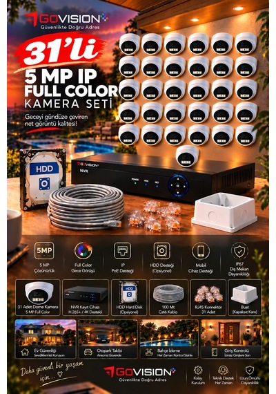 Go Vision 31'li Güvenlik Dome Ip Kamera Seti - 5mp Dome Kamera, 3.6mm Lens, H.265, Poe, Warm Led Gece Görüşlü