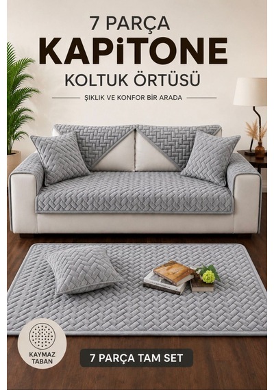 7 Parça Kaymaz Taban Kapitone 3 Lü Koltuk Çekyat Kanepe Örtüsü Gri Gri