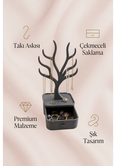 Ağaç Tasarımlı Çekmeceli Takı Organizer Kolye Askılığı Yüzük Küpe Bileklik Saklama Kutusu Gri