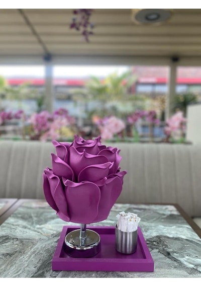 Dekor Yapay Eva Gülkablosuz Masa Lambası Üst Mor-alt Gümüş /tepsi Dahil Set 9v Pil 75-90 Saat