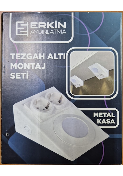 Beyaz Metal Tezgah Altı Montaj Seti Ledli Çiftli Priz Beyaz Işık .