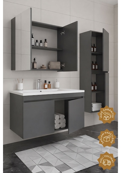 Teta Home Tokyo 100 Cm Mdf Banyo Dolabı Seti + Boy Dolabı Antrasit