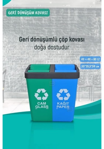 Geri Dönüşüm Kutusu Cam Kağıt Geri Dönüşüm Kovası Yeşil Mavi 80 Litre Yeşil-mavi