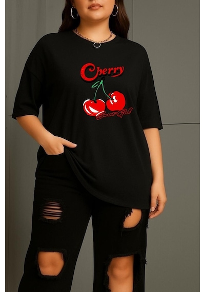 Büyük Beden Cherry Kiraz Baskılı Unisex Tişört SIYAH