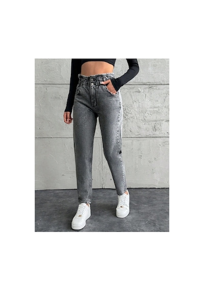 Kene Jeans Yüksek Bel Kar Siyah Çift Düğme Kemer Büzgülü Mom Jeans Kar Siyah