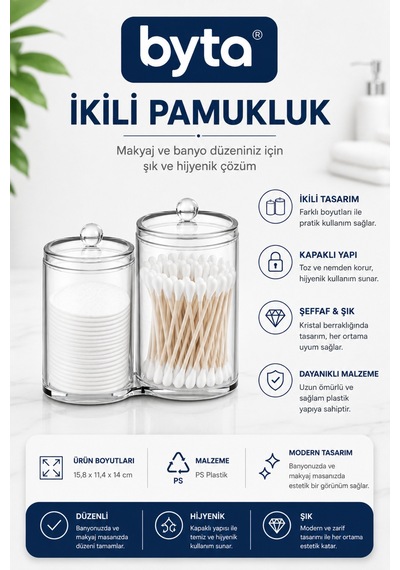 Kristal İkili Pamukluk Ve Kulak Çubuğu Organizeri Kapaklı Şeffaf Banyo Düzenleyici Şeffaf