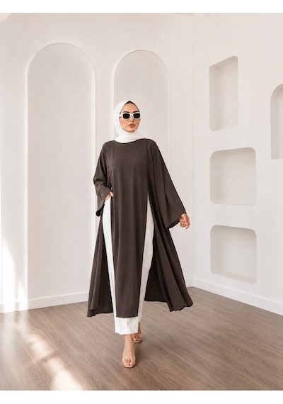 Unika Boutique Kadın Uzun Yırtmaçlı Abaya Tunik Kahve
