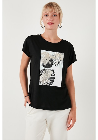 Lela Baskılı Bisiklet Yaka Regular Fit Bayan T Shirt 6671004 Siyah