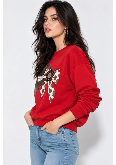Mevese Kadın Taş İşlemeli Fiyonk Baskı Oversize Üç İplik Rahat Kesim Sweatshirt - Kırmızı