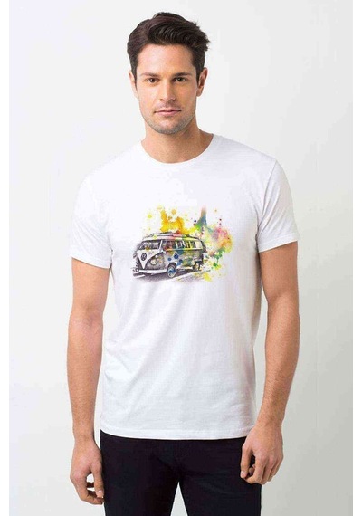 T1 Minibüs Gri Ton Volkswagen Beetle Baskılı Beyaz Erkek Tshirt