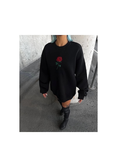 Kadın Oversize Kapüşonlu Cepli Gül Baskılı 3 İplik Pamuklu Hoodie Sweatshirt - Siyah