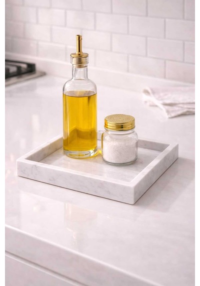 20x20 Cm Mermer Tepsi Kare Banyo Organizer Mutfak Sunum Tepsisi Kahve Parfüm Takı Standı