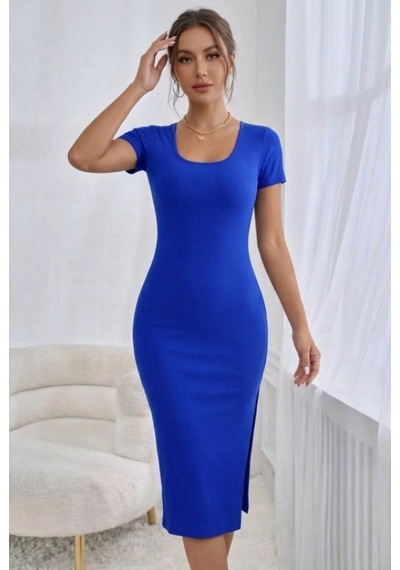 Efnaz Style Kadın Kısa Kollu Yuvarlak Yakalı Yırtmaçlı Midi Kaşkorse Elbise Saks - Mavi Efnaz Style Kadın Kısa Kollu Yuvarlak Yakalı Yırtmaçlı Midi Kaşkorse Elbise Saks - Mavi