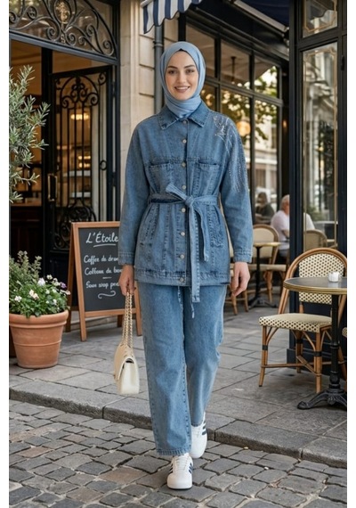 Hb Harma Time Butik Kadın Kuşaklı Taş İşlemeli Kot Mavi Tunik Pantolon İkili Takım