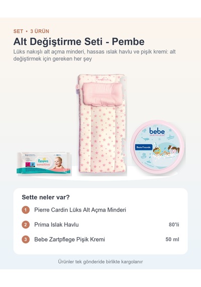 Alt Değiştirme Seti 3 Parça: Lüks Alt Açma Minderi + Islak Havlu + Pişik Kremi - Pembe