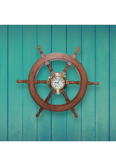 Authentic Pirinç Göbek Saatli Masif Ağaç Gemi Dümeni 45cm