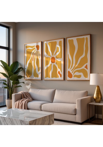 3 Lü Soyut Çerçevesiz Poster Seti Hardal Sarısı Turuncu Modern Minimalist Duvar Dekoru Ev Dekorasyonu