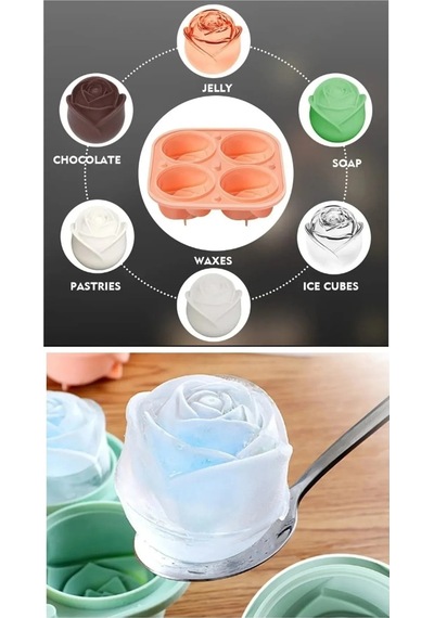 4'lü Gül Şekilli Buz Kalıbı 3 Boyutlu Sevimli Kokteyl Buz Gülü Silikon Büyük Buz Topları Plastik Diğer