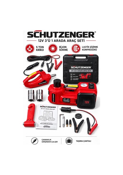 3 Lü Araç Seti 5 Ton Kriko Kompresörlü Ve Somun Sökme Sıkma 2 Anahtarlı 12volt German Çantalı Kırmızı Yt5011