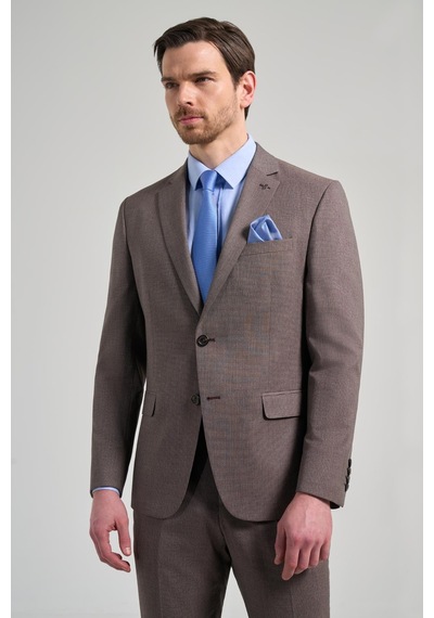 İmza Kendinden Desenli Bez Ayağı Mono Yaka Tam Astar Esnek 6 Drop Slim Fit Takım Elbise 1001250168 Kahverengi