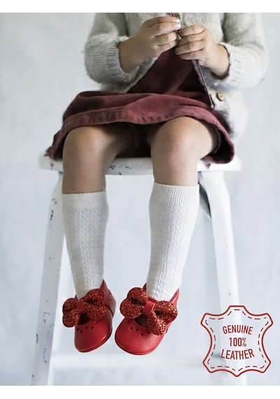 Denokids Kız Bebek Patik Hakiki Deri Taşlı Kırmızı Yumuşak Taban Ayakkabı 17-21 Numara Renkli