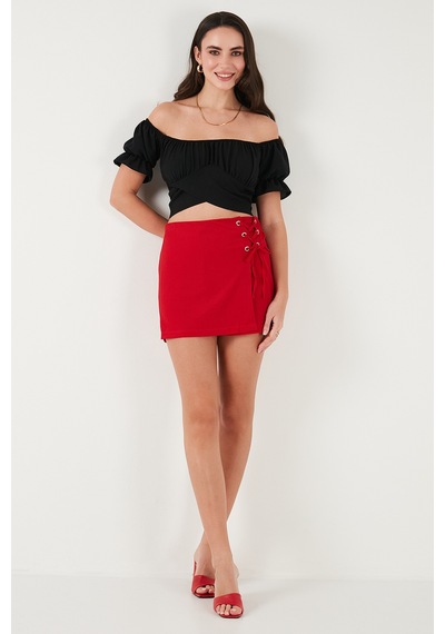 Lela Regular Fit Madonna Yaka Bağlama Detaylı Crop Bayan Bluz 6527017 Siyah