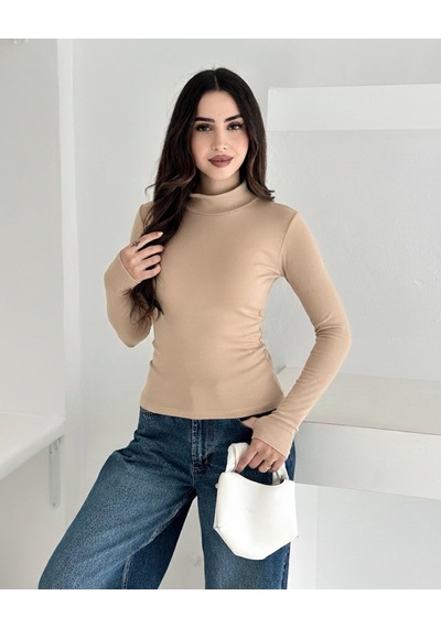 Kadın Yarım Balıkçı Yaka Parmak Geçmeli Full Likralı Buzz Body Krem