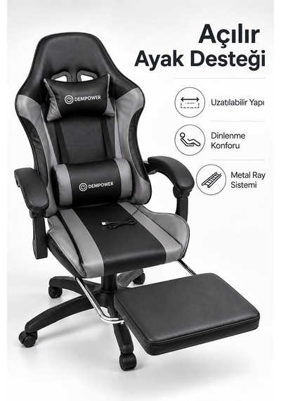 Profesyonel Oyuncu Koltuğu Masajlı Bel Destekli Ayak Uzatmalı Oyuncu Koltuğu Bilgisayar Koltuğu Ofis Koltuğu Yayıncı Koltuğu Gri - Siyah