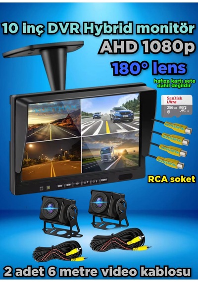 2 Ad180 Derece Geniş Açı Ahd Kamera 10'' Dvr Monitör Set 12 Volt