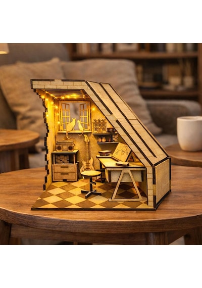 Mini Study Room Ahşap Maket Seti Dıy Book Nook Çalışma Odası Kitaplık Dekoru