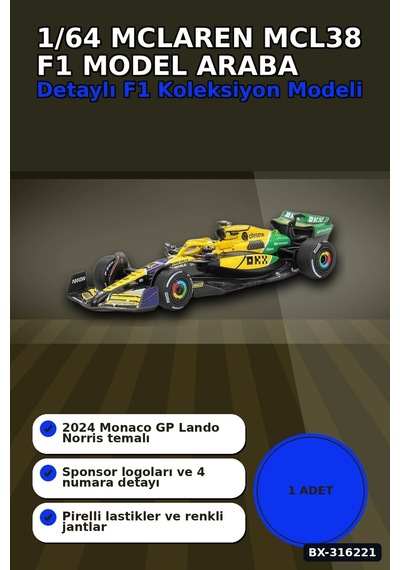 Model Araba Mclaren Mcl38 F1 Monaco Gp Lando Norris 1/64 Ölçek Bx-316221