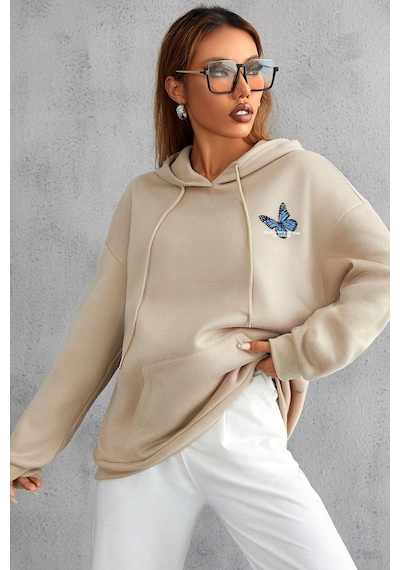 Uyguntarz Unisex Kelebek Sırt Baskılı Sweatshirt Bej