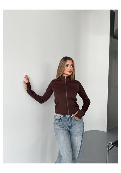 Kechi Woman Dalgıç Kumaş Cepli Fermuarlı Parmak Geçmeli Crop Kahve Kahverengi