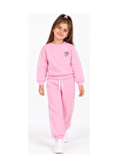 Rony Pony Kids 3 İplik Şardonlu Lavanta Detaylı Beyaz Biyeli Pembe Kız Çocuk Eşofman Takımı