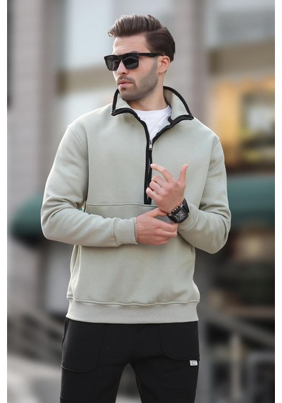 Madmext Çağla Yeşili Dik Yaka Yarım Fermuarlı Sweatshirt 7079 Yeşil