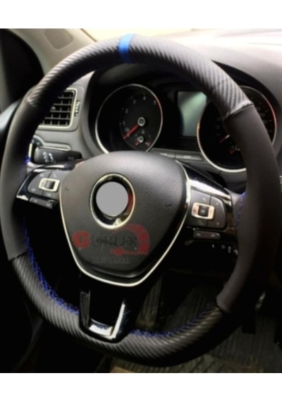 Renault Megane 4 Direksiyon Kılıfı Alkantara-Karbon Mavi Yüzüklü