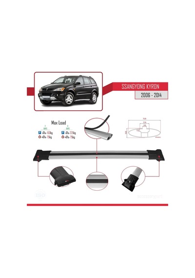 Ssangyong Kyron 2006-2014 Arası İle Uyumlu Fly Model Ara Atkı Tavan Barı Gri