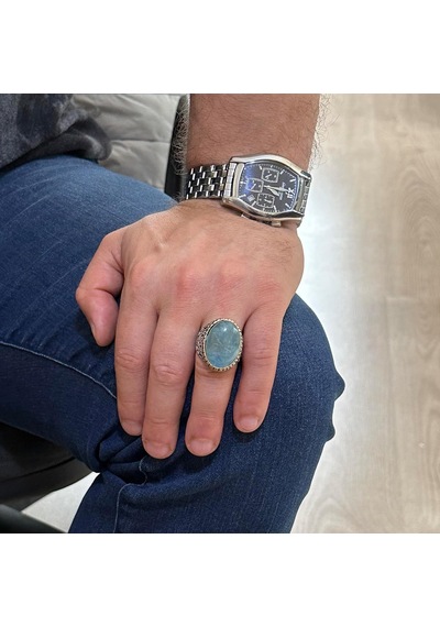 Doğal Akuamarin Taşlı Yüzük, Sultan Yüzük, Huzurlu 925 Ayar Sterling Gümüş Erkek Yüzüğü Gümüş