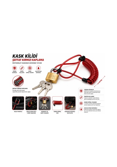 Çelik Halatlı Motosiklet Kask Kilidi 1.5 Metre Kırmızı Spiral Kablo