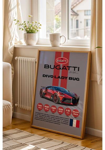 Bugatti Divo Lady Bug Araba Tablosu - Teknik Özellikli Otomobil Poster - Çerçeveli Duvar Dekoru Kayın