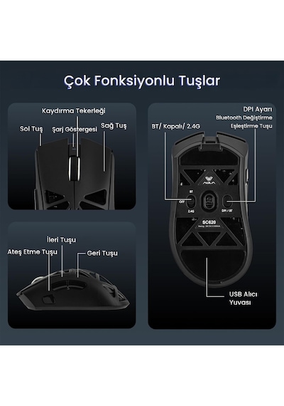 Aula Sc620 Paw3311 Sensör 12000 Dpı 1000hz Kablolu Ve Kablosuz Gaming Oyuncu Mouse Siyah Sc620